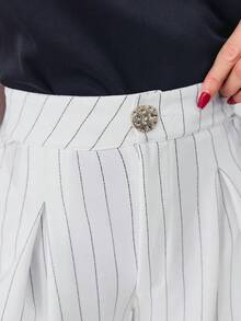 EURMUSE 女士休闲通勤条纹斜插口袋褶裥阔腿裤 - 白色 - 查看 6