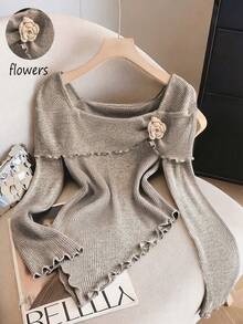 GlowEve Women's Square Neck Handmade 3D Floral Ruffle Hem Long Sleeve Asymmetrical Hem Elegant Casual Commute Blouse, Autumn/Winter/Spring