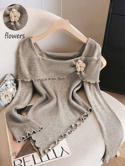 GlowEve Women's Square Neck Handmade 3D Floral Ruffle Hem Long Sleeve Asymmetrical Hem Elegant Casual Commute Blouse, Autumn/Winter/Spring