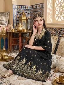 SHEIN Robe élégante de style arabe du Moyen-Orient avec motif métallique pour les jeunes filles - Noir - Voir 4