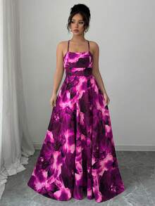 Elenzga Đầm dài nữ in họa tiết mực, thắt dây chéo - Màu Hồng Tươi - Xem 5