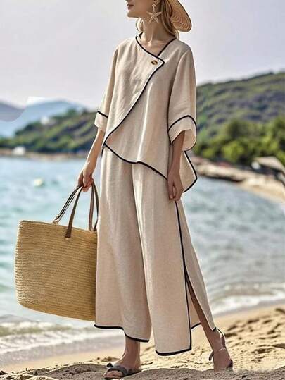 Balvessa Bohemian Style Linen 2 Pieces Set, Women's Asymmetric Beige Top And Wide-Leg Pants Beach Outfit