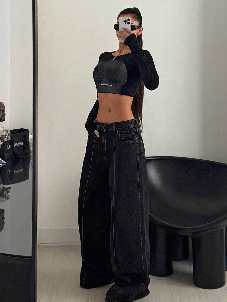 SHEIN Women's Pocket Button Casual Versatile Commuting Flare Leg Black Jeans - Medium Wash - View 5