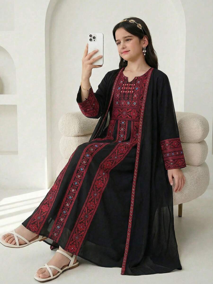 SHEIN 2pcs/Set Girls Print Dress & Mesh Long Cardigan, Patchwork Print - Black - View 1