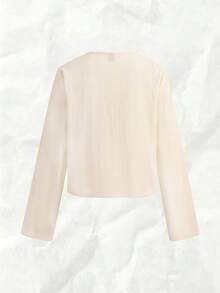 Olithes (100% Cotton) Áo kiểu nữ dáng suông, thắt nơ phía trước, vai rớt, màu trơn, chất liệu dệt, dáng rộng, tay loe, thích hợp cho các dịp lễ hội. - Màu be - Xem 2