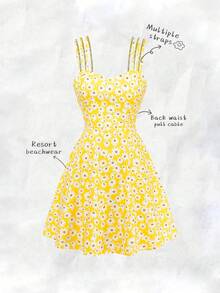 Chiquease Đầm hai dây in hoa màu vàng dành cho nữ, thích hợp cho kỳ nghỉ đi biển. - Màu vàng - Xem 1