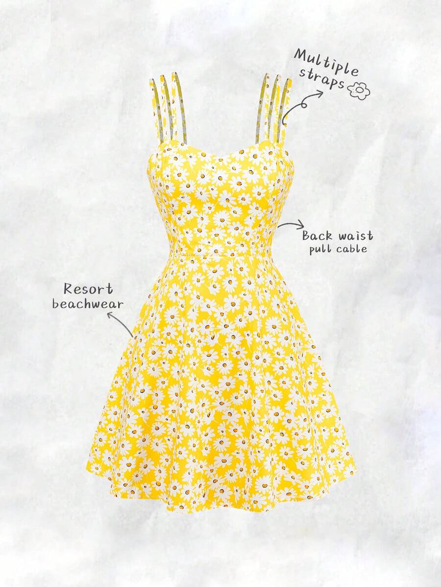 Chiquease Đầm hai dây in hoa màu vàng dành cho nữ, thích hợp cho kỳ nghỉ đi biển. - Màu vàng - Xem 1