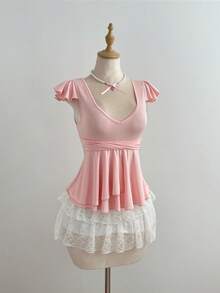 Elamini Pink Sweetheart Neck Ruffle Trim Casual Fashion T-Shirt - Pink - View 6