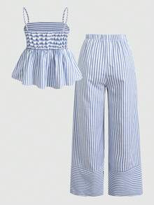 Girlism Teen Girls Tank Top Co-Ords Vacation Casual Woven Blue Striped Cami Top & Wide Leg Pants Set - Blue and White - View 2
