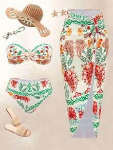 Swim Oasis 2026新款女士夏季沙滩爆款印花抹胸海星装饰褶皱露背吊带泳衣三件套 - 彩色 - 查看 2