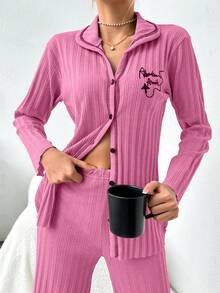 EURMUSE 2pcs Set Open Front Contrast Stitching Slogan Print Ribbed Pajamas - Pink - View 5