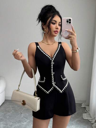 Rafferiza 夏季新款女士V领复古欧式精致纽扣无袖商务办公口袋翻盖撞色滚边复古口袋撞色滚边复古黑色精致优雅通勤休闲办公套装两件套，短裤两件套，黑色西装