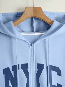 Franclia 女士连帽拉链卫衣，字母印花图案，休闲外套，适合教师、返校、毕业、日常穿着、冬季外套，时尚百搭；女士连帽长袖卫衣 - 淺藍色 - 查看 4