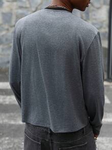 PAVTROS 男士休闲撞色滚边圆领长袖T恤，秋季款 - 深灰色 - 查看 2