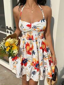 Sunnyshic 女士休闲时尚日常度假优雅连衣裙，收腰设计，荷叶边装饰，印花图案，领带和蝴蝶结点缀，短款，春夏款 - 彩色 - 查看 1