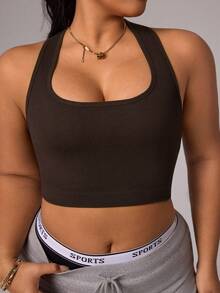 Rhythm Era Plus Size Women Solid Color Racerback Seamless Fitness Tank Top Crop Top Racerback Black Crop Top - Coffee Brown - View 4