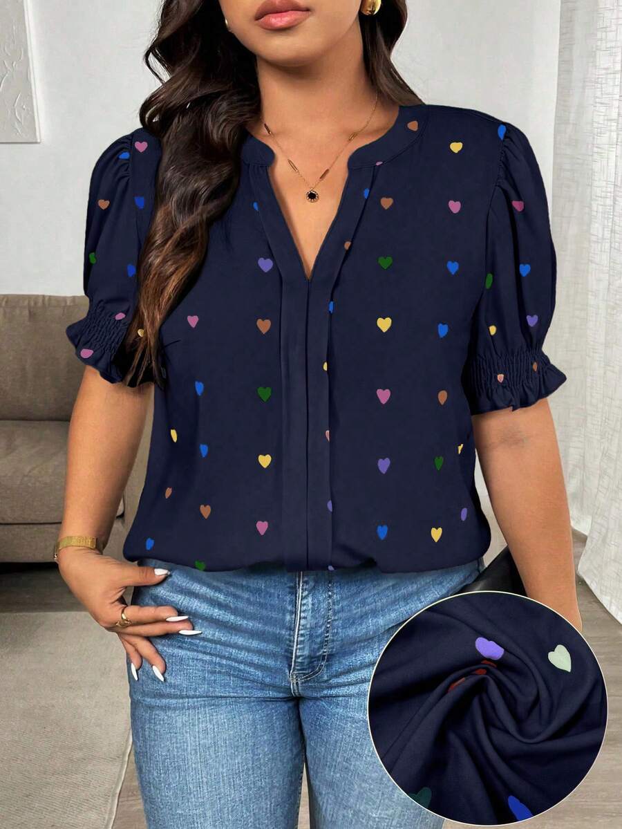 EMERY ROSE Áo sơ mi nữ cỡ lớn in họa tiết, kiểu dáng thường ngày, thích hợp cho dịp Năm Mới, Lễ Tình Nhân, Lễ Tạ Ơn, Giáng Sinh, Lễ Phục Sinh, Quốc Khánh, Dạ Hội, Đêm Giao Thừa, Tiệc Giáng Sinh, Trang Trí Giáng Sinh, Đồ Ngủ Giáng Sinh, Kỳ Nghỉ Xuân. - Màu xanh hải quân - Xem 1