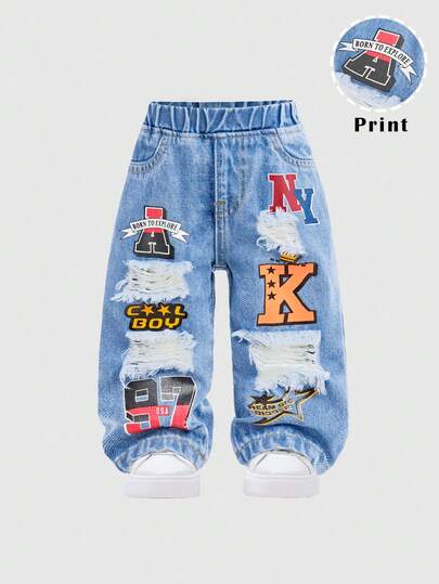 SHEIN Baby Boys' Stonewashed Graffiti Letter Print Ripped Frayed Loose Fit Straight Leg Black Denim Pants,For Baby Streetwear Outfits And Spring/Summer Clothes