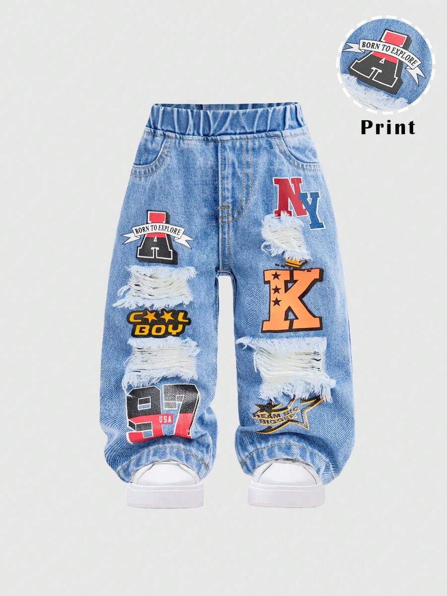 SHEIN Baby Boys' Stonewashed Graffiti Letter Print Ripped Frayed Loose Fit Straight Leg Black Denim Pants,For Baby Streetwear Outfits And Spring/Summer Clothes - Light Wash - View 1