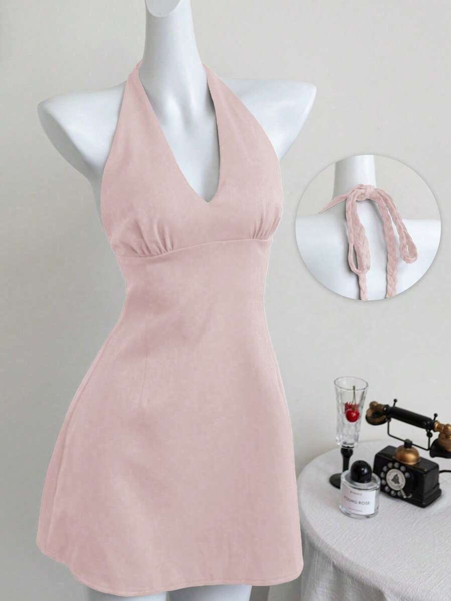 Elamini Deep V-Neck Halter Tie Knot Backless A-Line Dress, Elegant & Sexy, Spring/Summer - Baby Pink - View 1