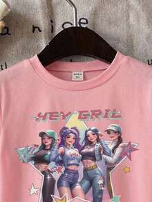 SHEIN 少女休闲复古字母数字徽章图案T恤，运动学院风短袖圆领T恤，适合夏季，基础款，轻松运动风，舒适休闲，字母T恤，休闲舒适，蓝白配色，秋季T恤，简约时尚，经典百搭 - 彩色 - 查看 3