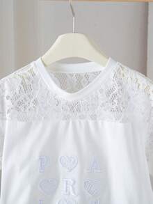SHEIN Explorewe Maglietta estiva casual da ragazza con patch in pizzo, cuori ricamati e lettere - Bianco - Visualizzare 4
