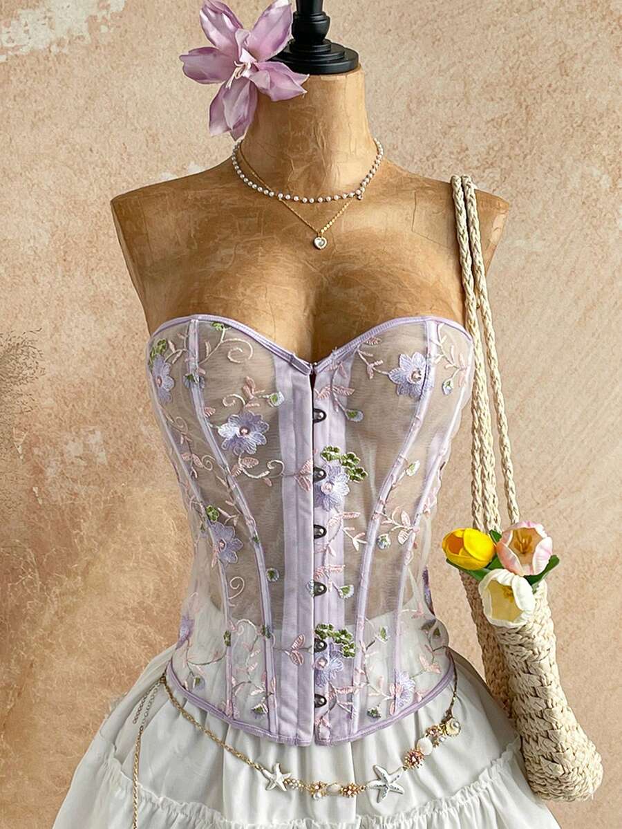 Soleia 度假女士派对上衣，复古宫廷风彩色花卉提花印花抹胸上衣，后背纽扣系带设计，适合度假穿着。 - 彩色 - 查看 1