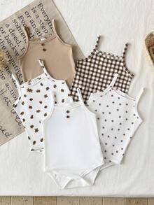 SHEIN Set de 5 piezas de peleles sin mangas de punto con estampado floral y a cuadros para bebés niñas en verano - Multicolor - Ver 8