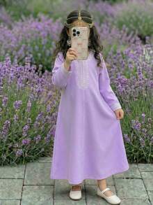 女婴长袖中东传统印花长袍连衣裙，紫色 - 紫色 - 查看 4