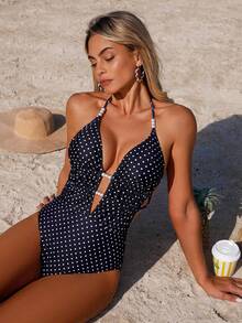 Swim Chiccia 1pc Women's Elegant Polka Dot Sexy Deep V-Neck Pearl Embellished One-Piece Swimsuit, Spring/Summer - Black - View 5