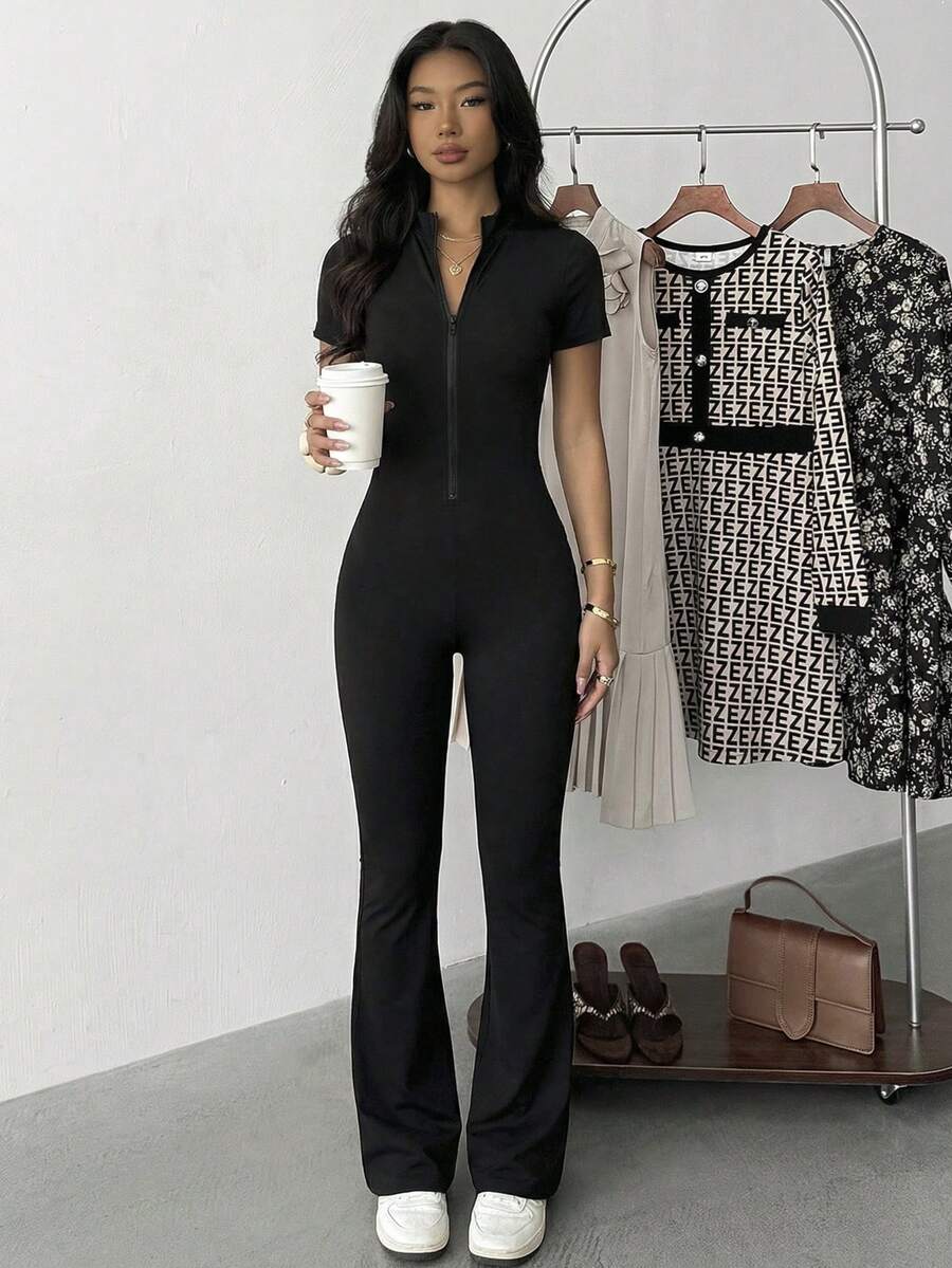 Tonårsflickor Casual Enfärgad Dragkedja Utsvängd Jumpsuit