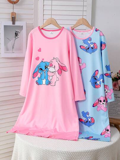 2pcs/Set Tween Girls' Casual Loose Fit Round Neck Long Sleeve Dress, Everyday & Sleepwear