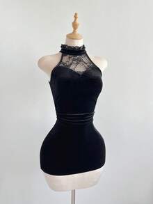 Elamini Đầm ngắn ôm sát cổ yếm phối ren đen, kiểu dáng cổ điển thanh lịch, dễ thương, phù hợp cho tiệc tùng, đi làm, buổi tối và mặc hàng ngày. - màu đen - Xem 4