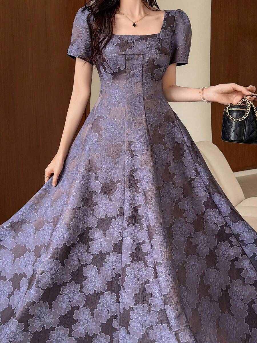 DAZY Women's Elegant Jacquard Waist Cinching Long Party Dress - Purple - View 1