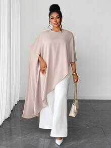 Maweii Áo kiểu nữ cỡ lớn, màu trơn, cổ tròn, vạt áo bất đối xứng, thời trang, đa năng, thích hợp mặc thường ngày. - Màu Khaki - Xem 3