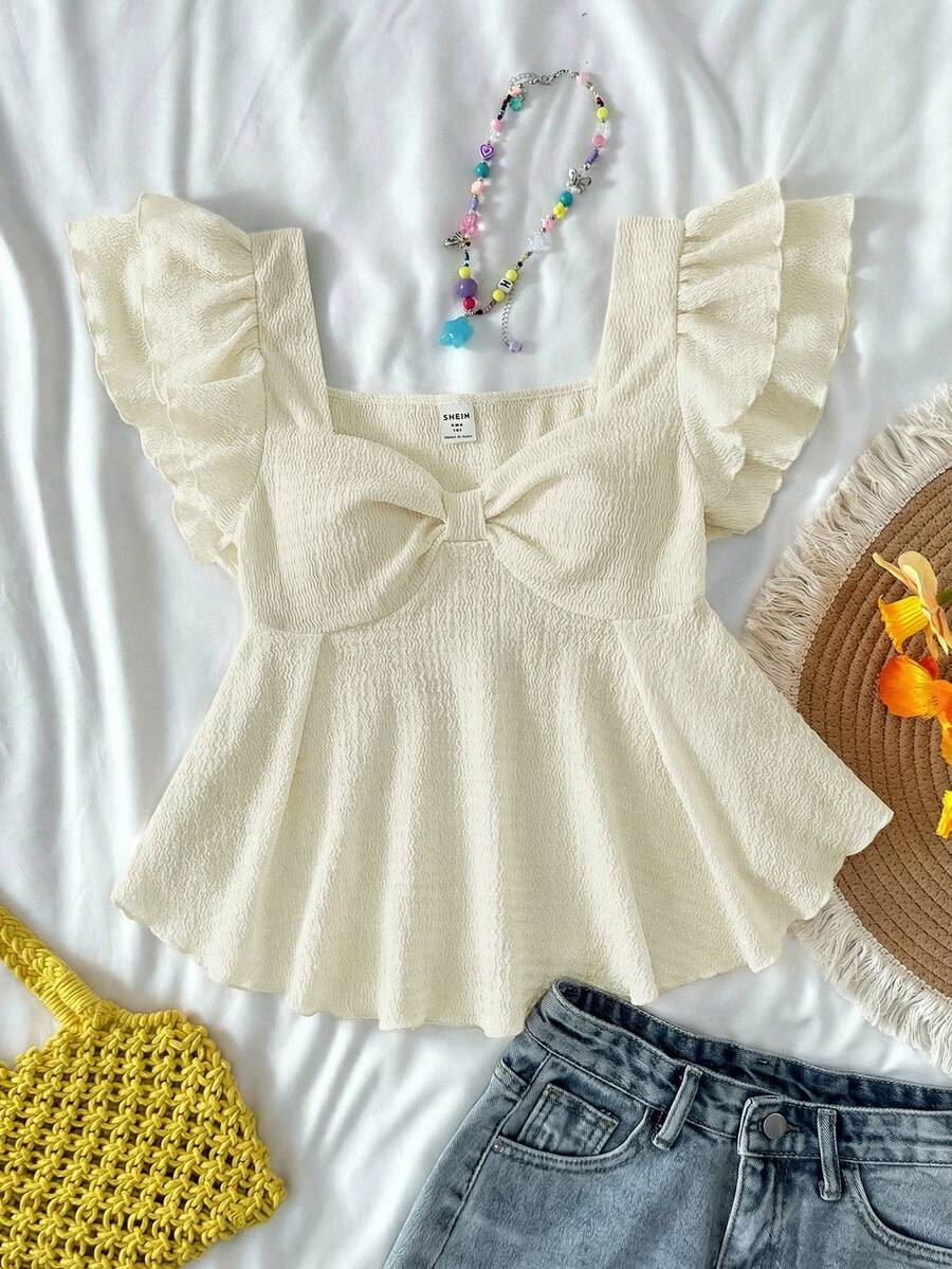 SHEIN Camiseta de punto jacquard con mangas con volantes, estilo casual y cómodo, ideal para el verano, uso en el hogar, linda, adecuada para fiestas, Día de San Valentín, para adolescentes - Caqui - Ver 1