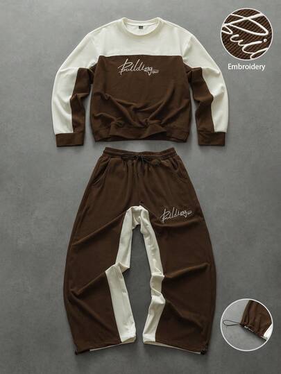 STYNVO Conjunto de sudadera de cuello redondo para hombre de otoño/invierno, con parches bicolor, bordado minimalista de letras manuscritas, versátil y casual, apto para uso tanto en interiores como en exteriores