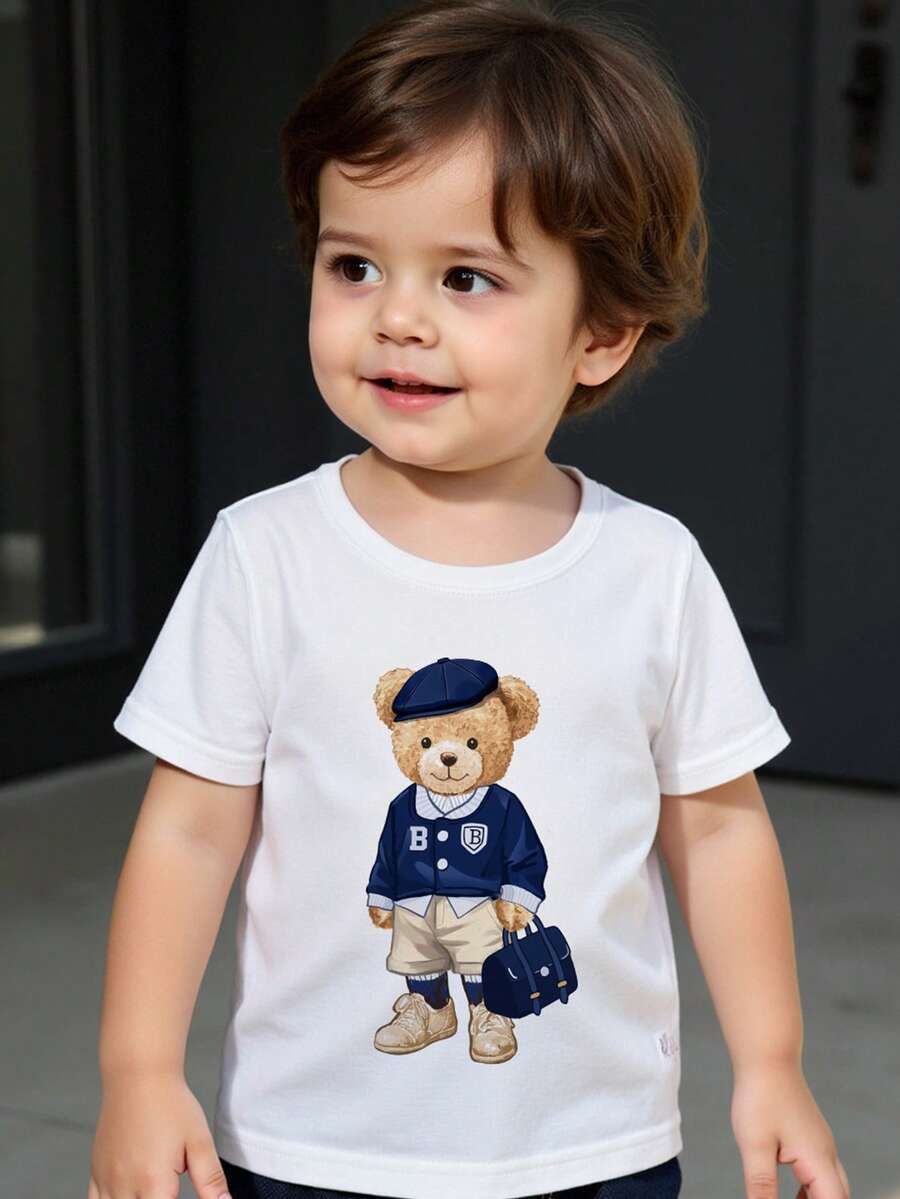 SHEIN Baby Boy Casual Stylish Cute Cartoon Bear & Letter Print Short Sleeve Top, Suitable For Summer - White - View 1