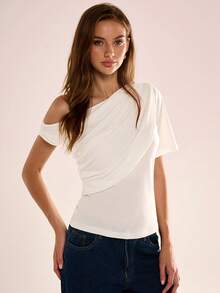 Avenya Summer Fashion Solid Color Ruched Shoulder T-Shirt - White - View 2