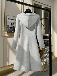 GlowEve CURVE 女士针织金色拉链装饰连帽卫衣连衣裙，法式休闲日常通勤时尚，法式优雅街头复古百搭假日商务米色/象牙色长袖连衣裙，秋冬款 - 灰色 - 查看 2