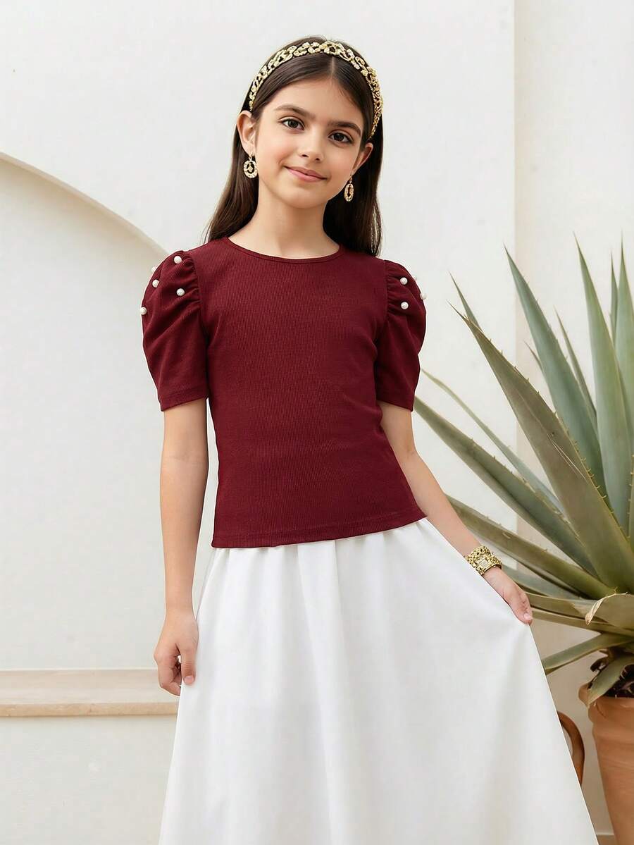SHEIN 少女休闲纯色圆领短袖串珠上衣(夏季款) - 紅色 - 查看 1