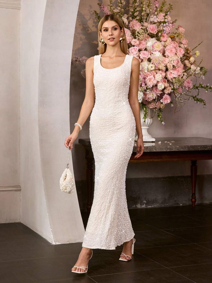 MOTF Soiréza WOMEN'S ELEGANT ROUND NECKLINE SEQUIN MERMAID GOWN – IDEAL FOR WEDDINGS, GALA DINNERS, AWARD CEREMONIES & FORMAL RECEPTIONS - Apricot - View 1