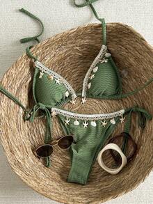 Swim Vcay 女士度假拼布编织肩带贝壳装饰纹理面料系带比基尼套装 - 綠色 - 查看 1