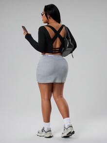 Rhythm Era 大码女式无缝交叉露背性感运动长袖T恤 - 黑色 - 查看 6