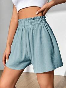 Flirla Women's Casual Solid Color Ruffle Waist Shorts, Summer - Blue - View 6