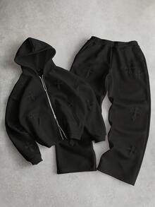 PAVTROS 男士街头风流行INS十字架全印花毛巾3D刺绣户外音乐节夜店酒吧男友/老公礼物周年纪念Gsweatshirtdigan运动服套装