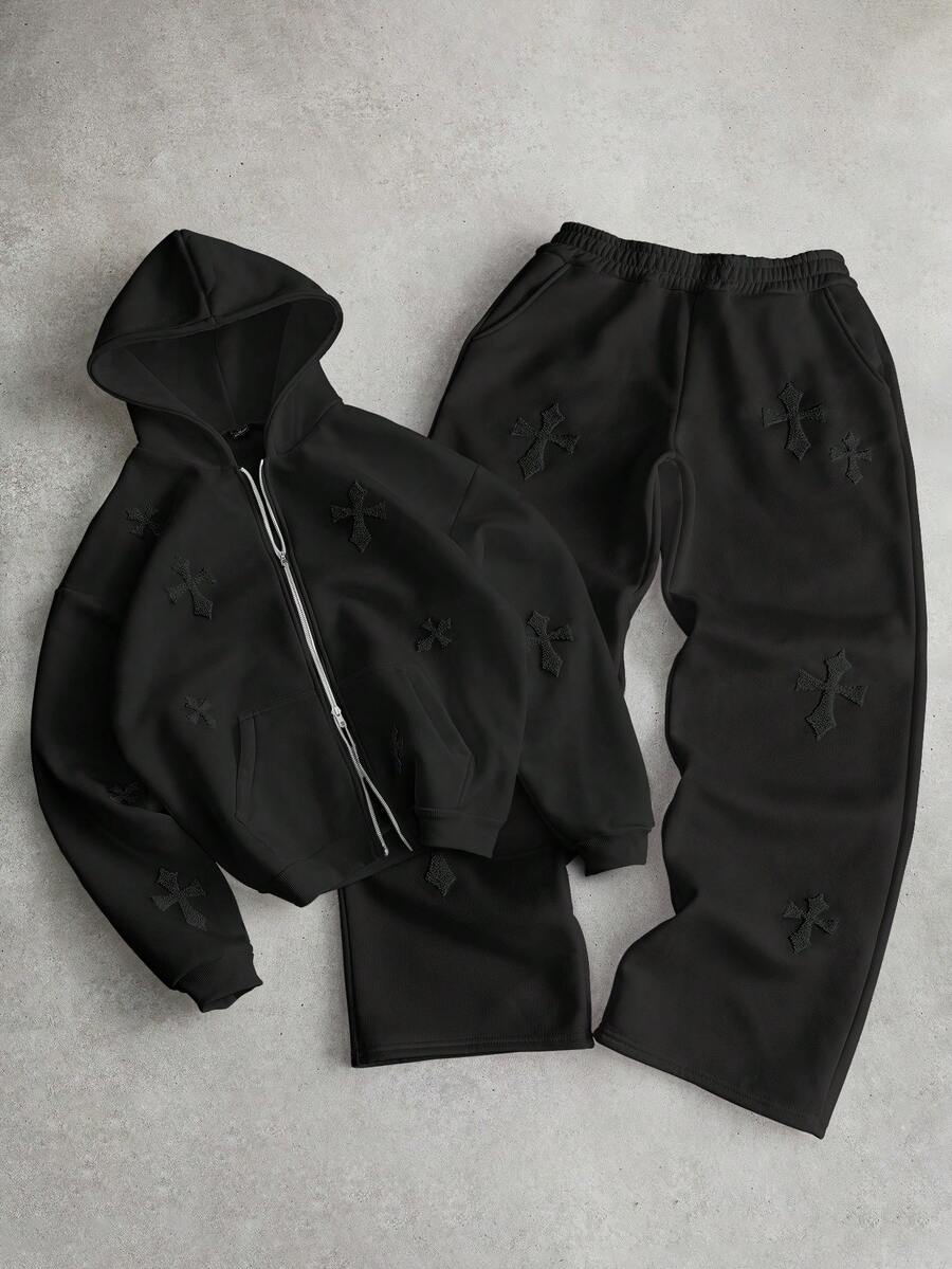 PAVTROS 男士街头风流行INS十字架全印花毛巾3D刺绣户外音乐节夜店酒吧男友/老公礼物周年纪念Gsweatshirtdigan运动服套装