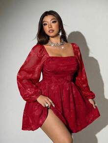 Viva Relle Plus Size Sexy Square Neck Long Sleeve Chic Casual Dress, Christmas Red Party - Red - View 5