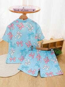 Bộ đồ ngủ cho bé gái tuổi teen, họa tiết bướm, kiểu dáng tươi tắn, áo cardigan tay ngắn + quần short, áo cardigan cổ bẻ + quần short, đồ ngủ thoải mái phù hợp cho mặc thường ngày, mùa hè. - Màu xanh lam - Xem 3