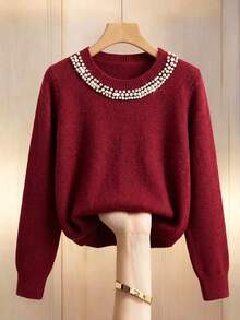Chiquease 优雅珍珠领设计宽松酒红色毛衣 - 酒紅色 - 查看 3